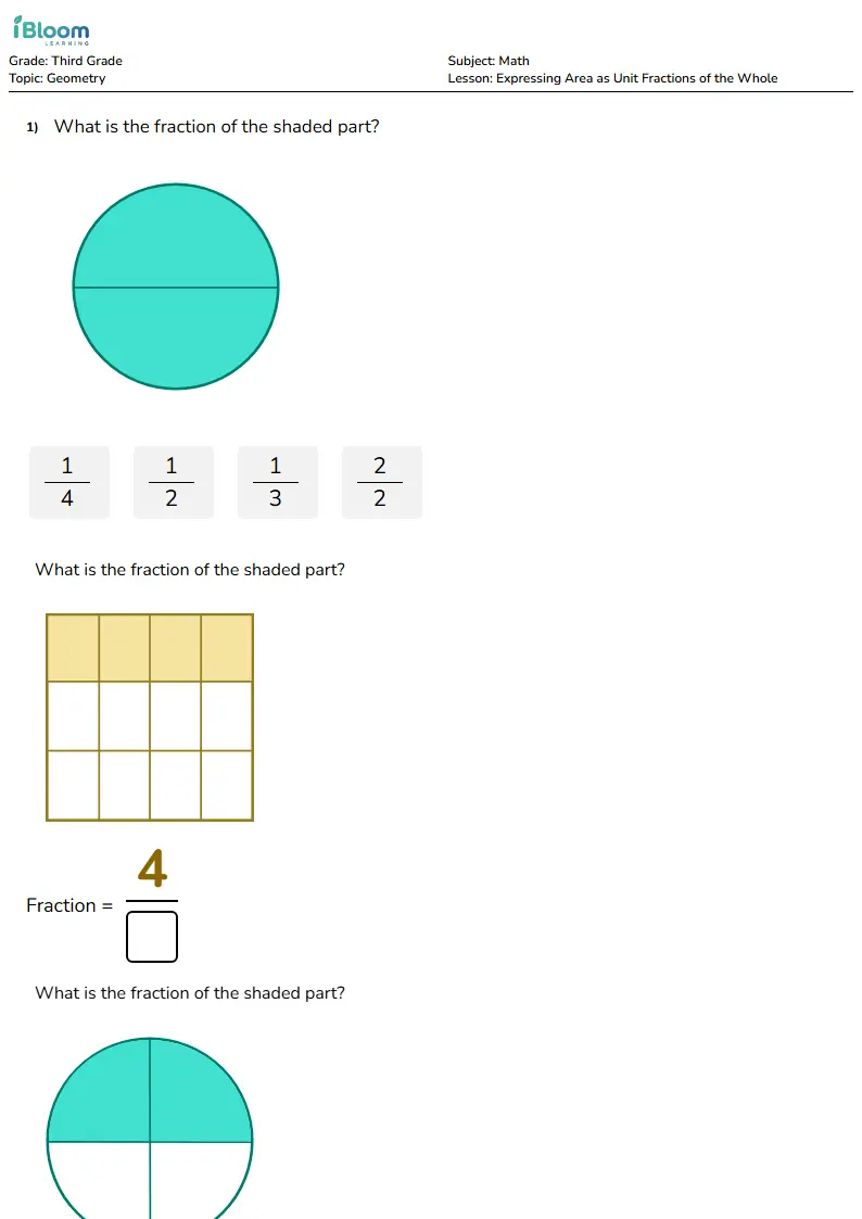 Expressing Area as Unit Fractions of the Whole Lesson for Third Grade | iBloom