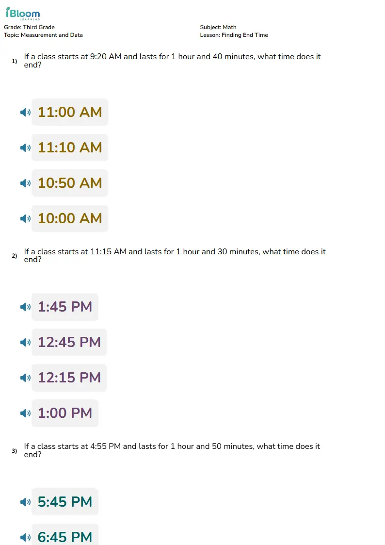 Finding End Time Lesson for Third Grade | iBloom