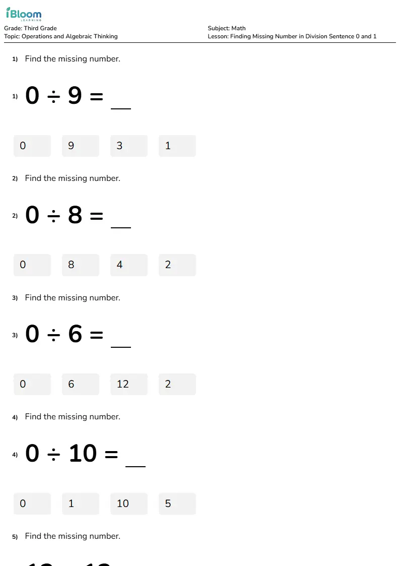 Finding Missing Number in Division Sentence 0 and 1 Lesson for Third Grade | iBloom
