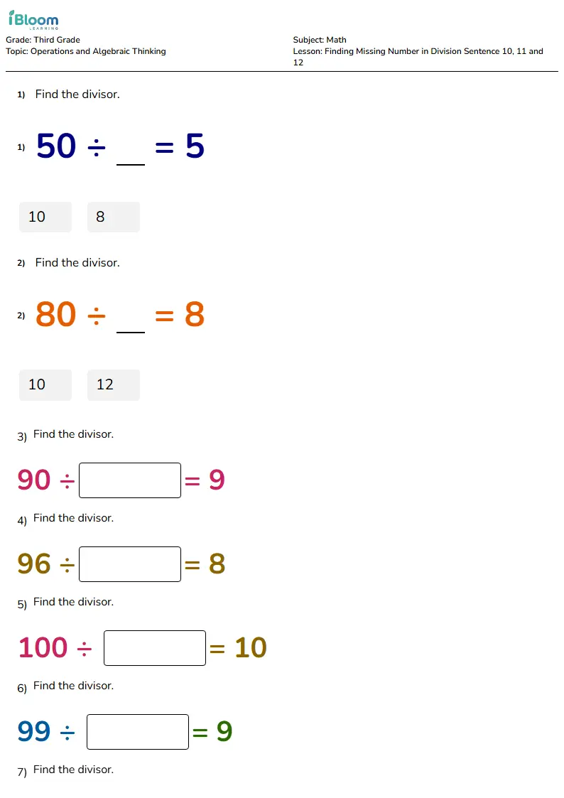 Finding Missing Number in Division Sentence 10, 11 and 12 Lesson for Third Grade | iBloom