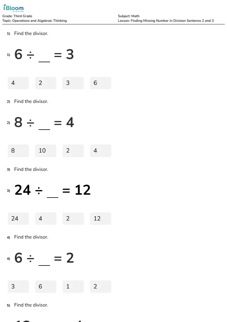 Finding Missing Number in Division Sentence 2 and 3 Lesson for Third Grade | iBloom