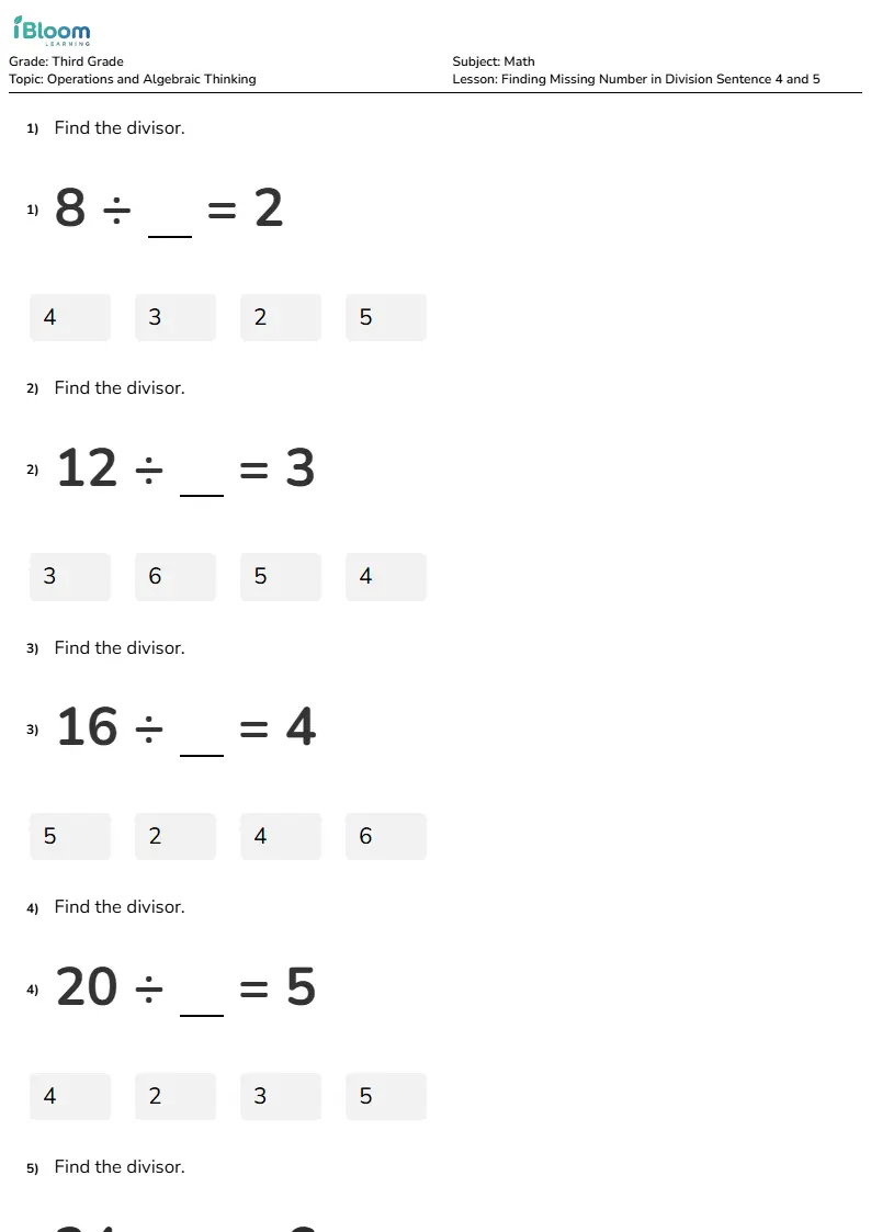 Finding Missing Number in Division Sentence 4 and 5 Lesson for Third Grade | iBloom