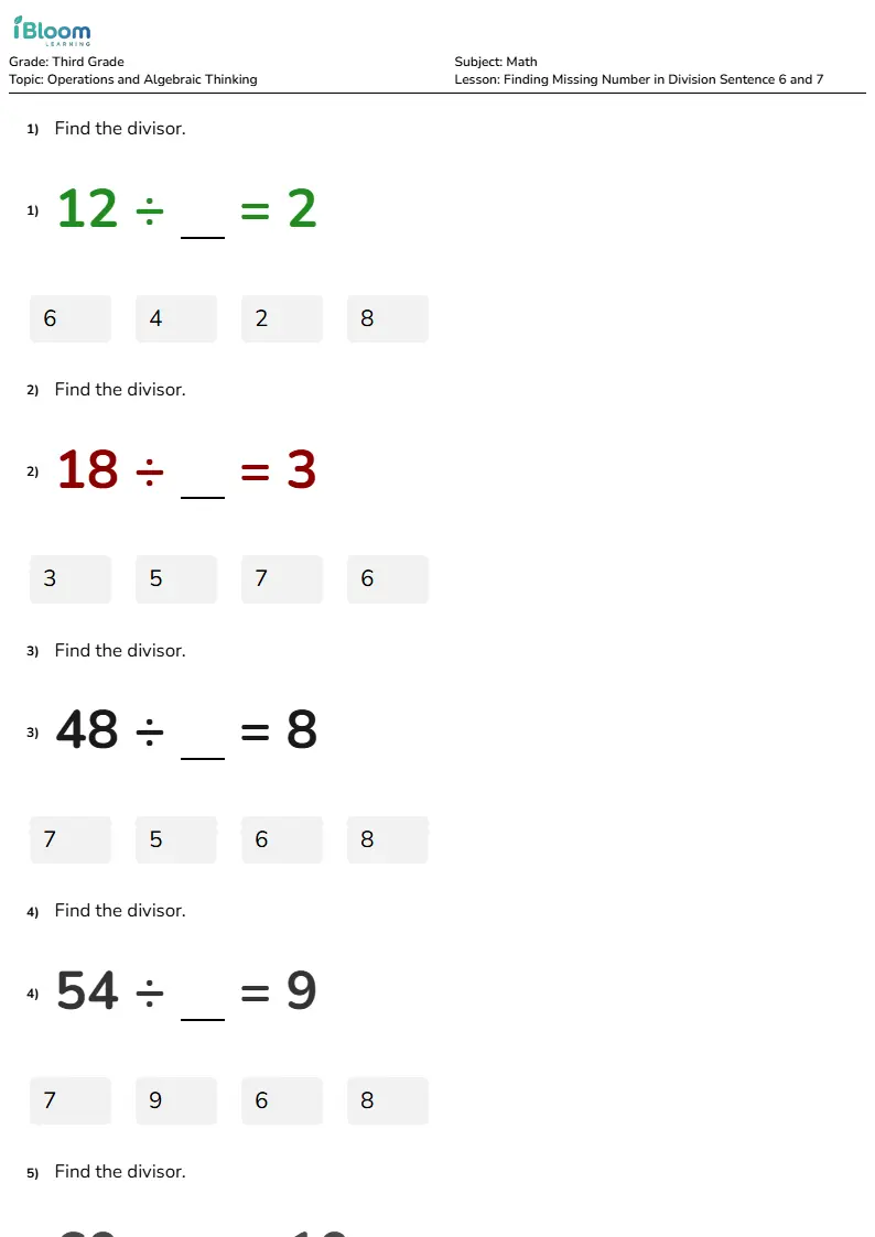 Finding Missing Number in Division Sentence 6 and 7 Lesson for Third Grade | iBloom