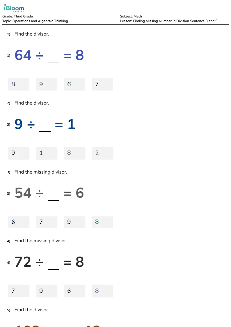 Finding Missing Number in Division Sentence 8 and 9 Lesson for Third Grade | iBloom