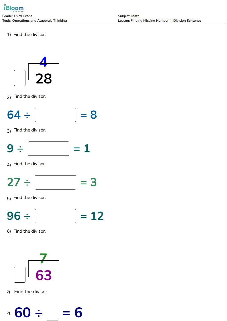 Finding Missing Number in Division Sentence Lesson for Third Grade | iBloom