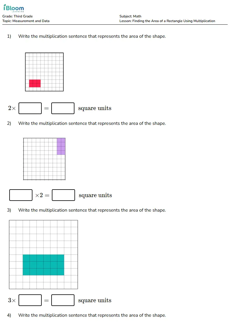 Finding the Area of a Rectangle Using Multiplication Lesson for Third Grade | iBloom