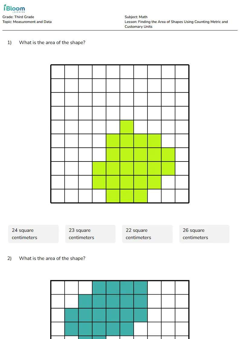 Finding the Area of Shapes Using Counting Metric and Customary Units Lesson for Third Grade | iBloom