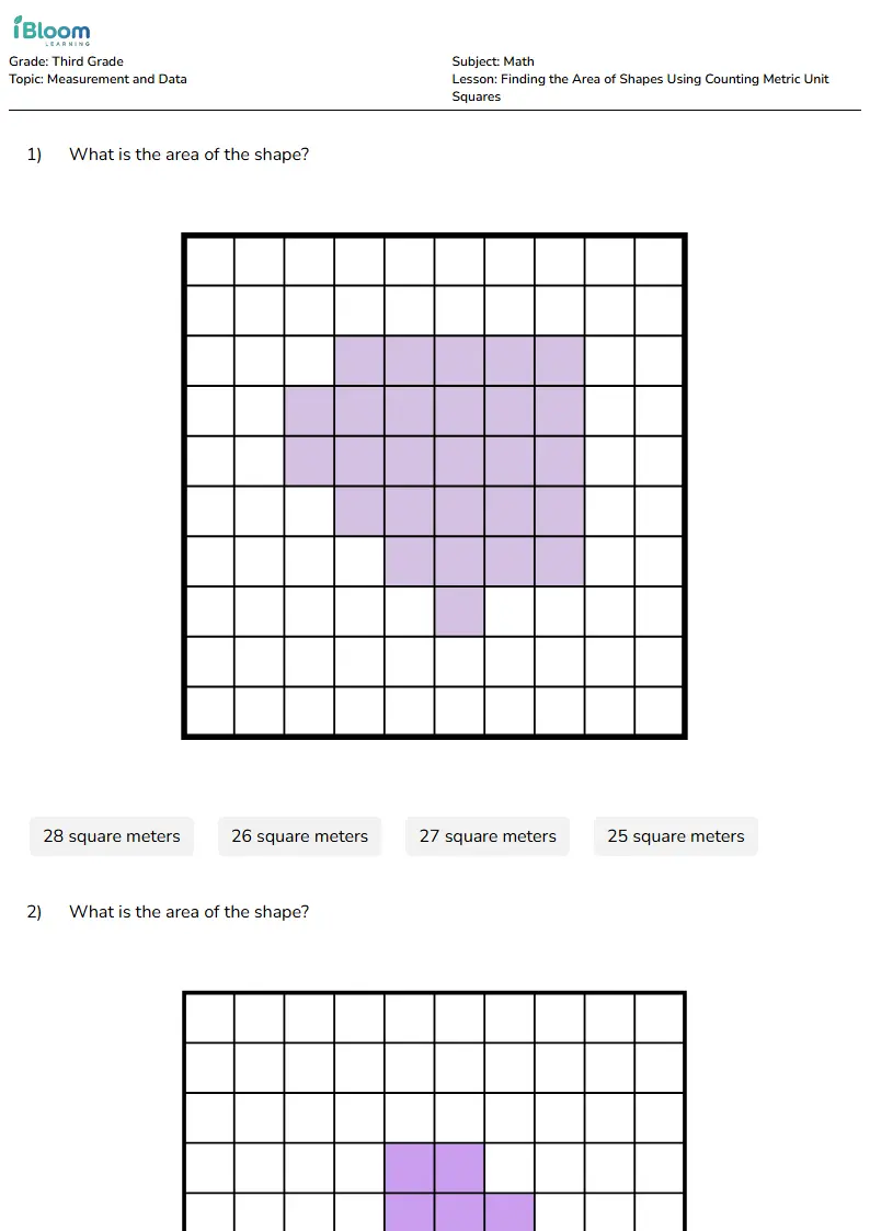 Finding the Area of Shapes Using Counting Metric Unit Squares Lesson for Third Grade | iBloom