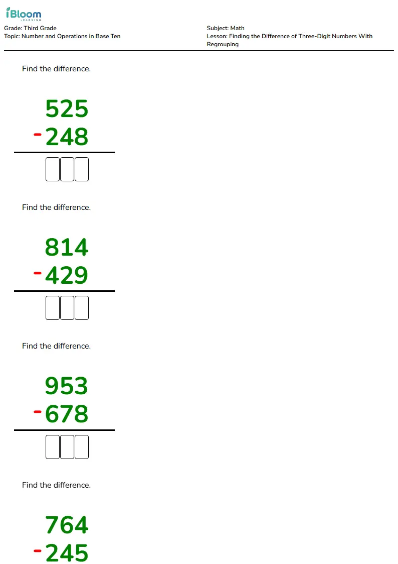 Finding the Difference of Three-Digit Numbers With Regrouping Lesson for Third Grade | iBloom