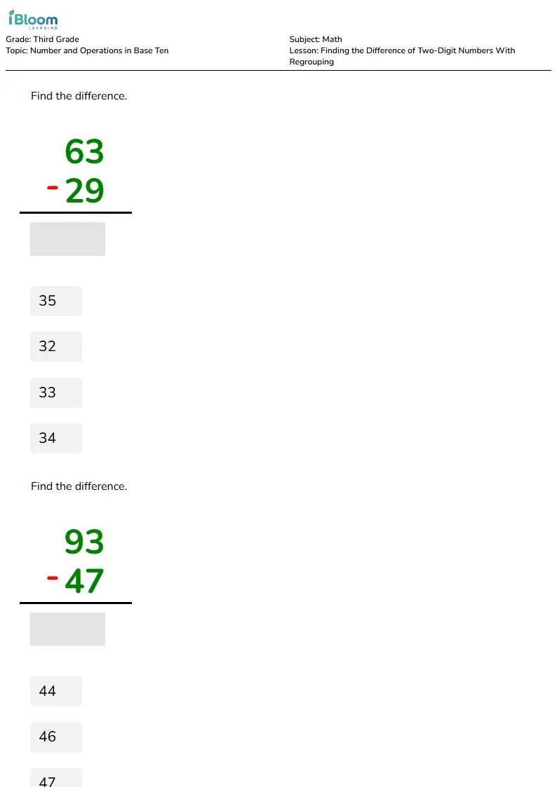 Finding the Difference of Two-Digit Numbers With Regrouping Lesson for Third Grade | iBloom