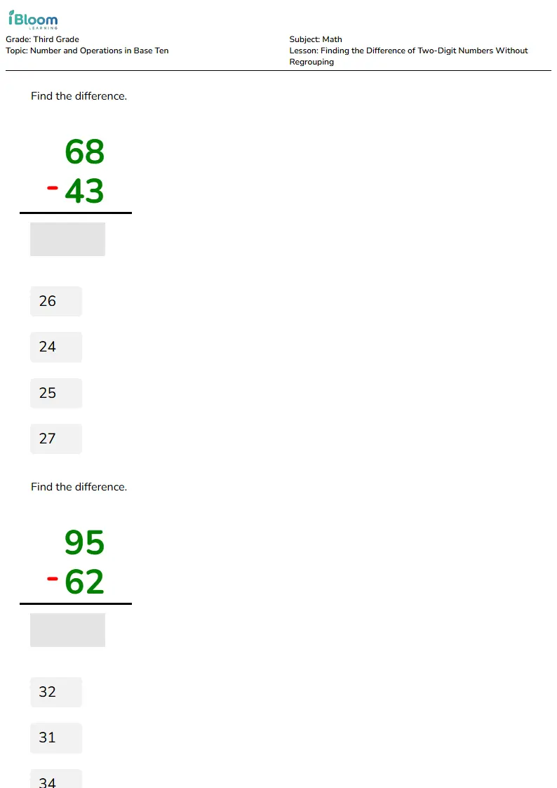 Finding the Difference of Two-Digit Numbers Without Regrouping Lesson for Third Grade | iBloom