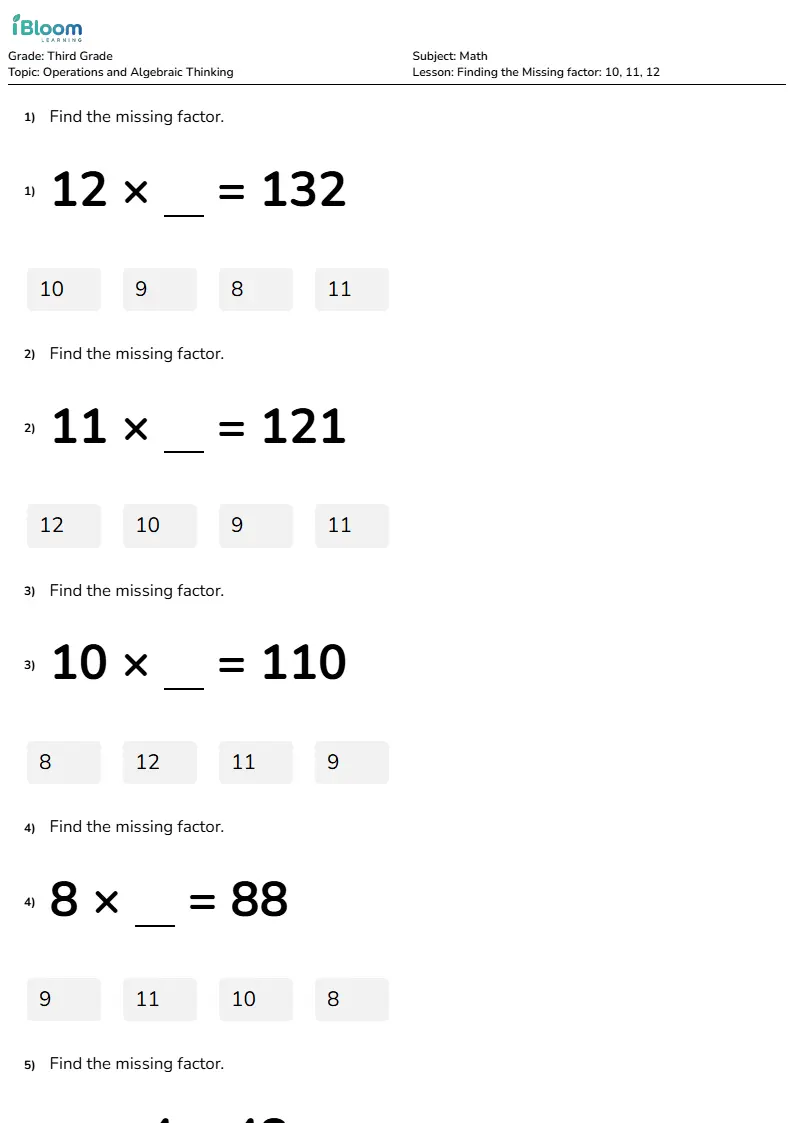 Finding the Missing factor: 10, 11, 12 Lesson for Third Grade | iBloom