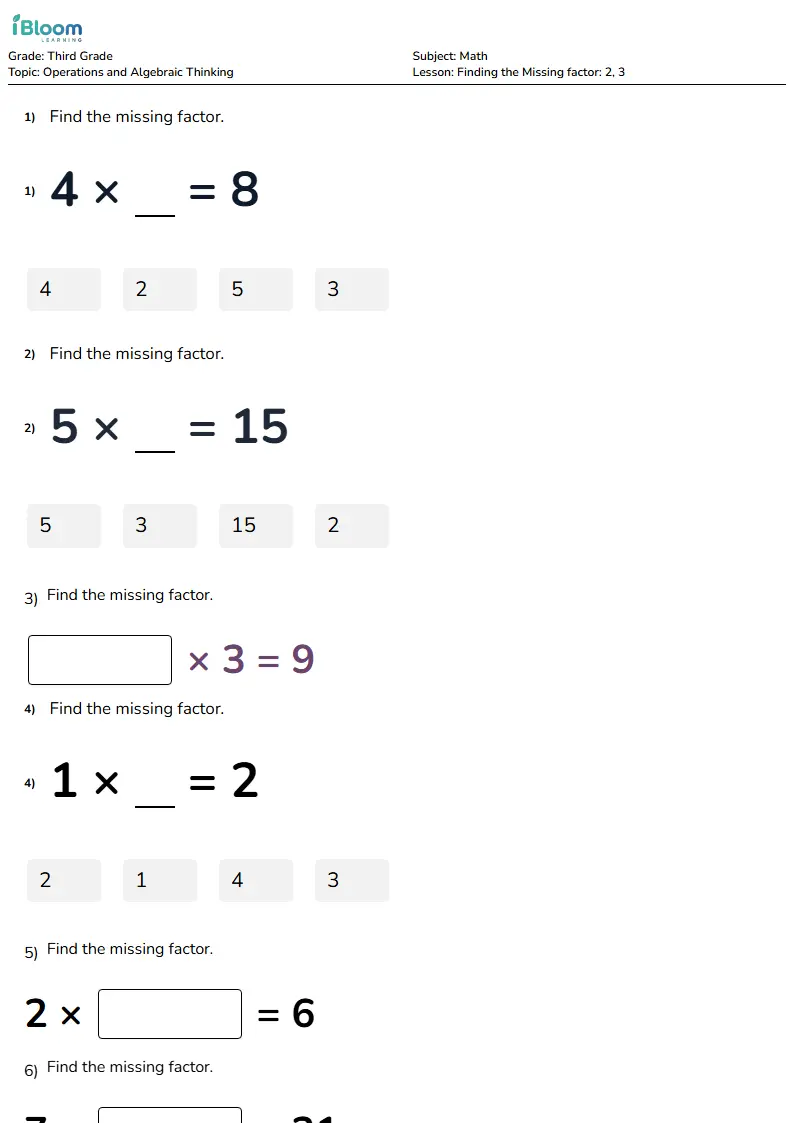 Finding the Missing factor: 2, 3 Lesson for Third Grade | iBloom