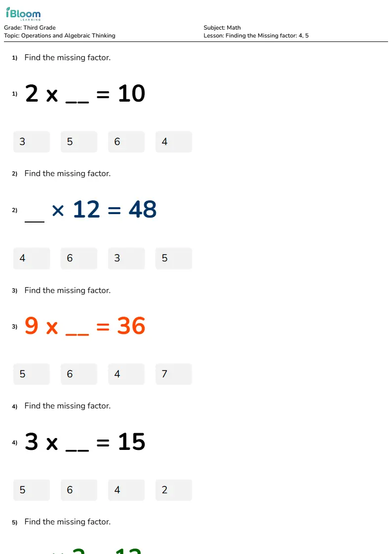 Finding the Missing factor: 4, 5 Lesson for Third Grade | iBloom