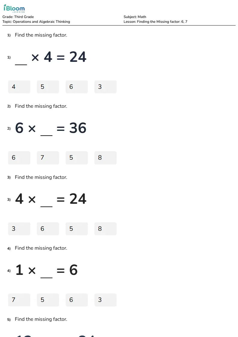 Finding the Missing factor: 6, 7 Lesson for Third Grade | iBloom