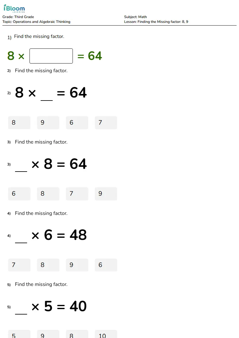 Finding the Missing factor: 8, 9 Lesson for Third Grade | iBloom