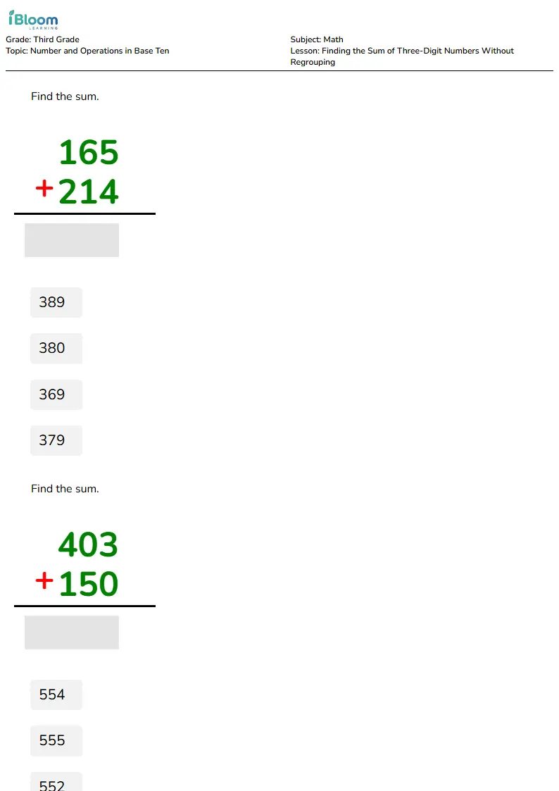 Finding the Sum of Three-Digit Numbers Without Regrouping Lesson for Third Grade | iBloom