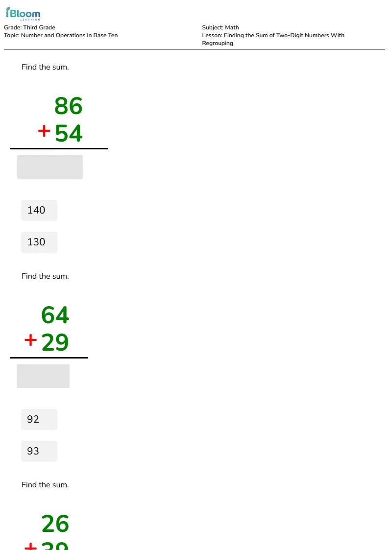 Finding the Sum of Two-Digit Numbers With Regrouping Lesson for Third Grade | iBloom