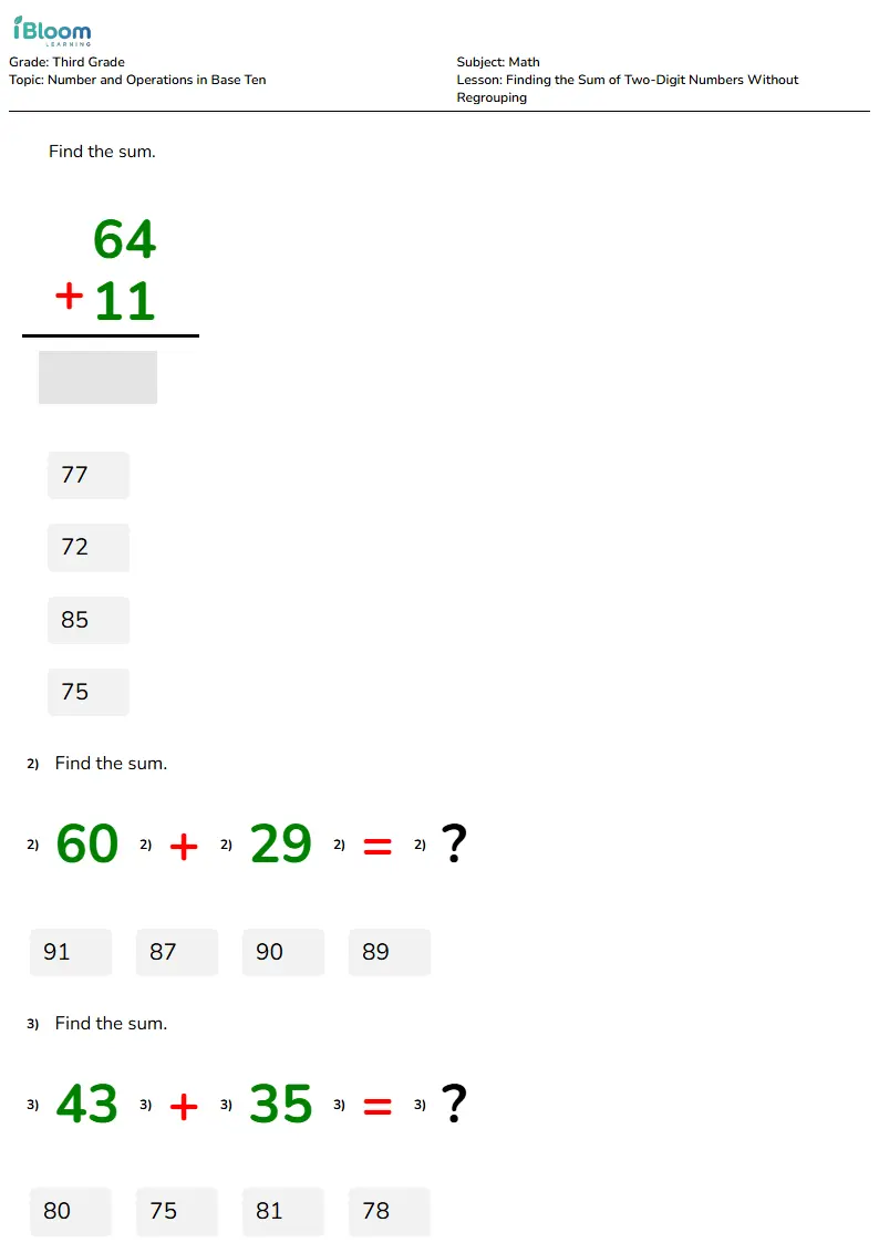 Finding the Sum of Two-Digit Numbers Without Regrouping Lesson for Third Grade | iBloom