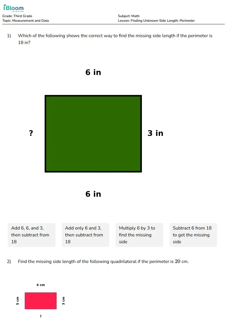 Finding Unknown Side Length: Perimeter Lesson for Third Grade | iBloom