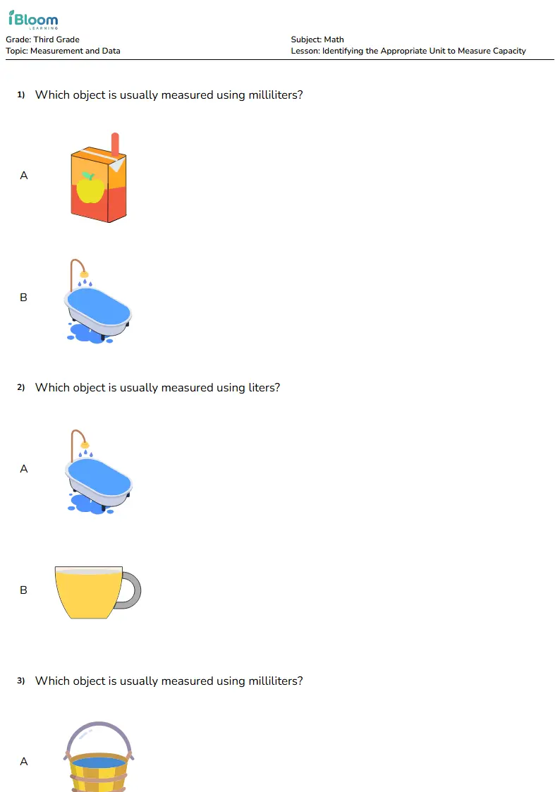 Identifying the Appropriate Unit to Measure Capacity Lesson for Third Grade | iBloom