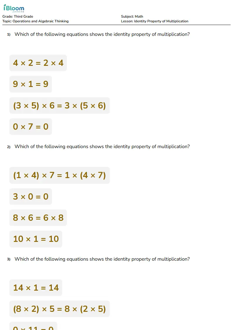 Identity Property of Multiplication Lesson for Third Grade | iBloom