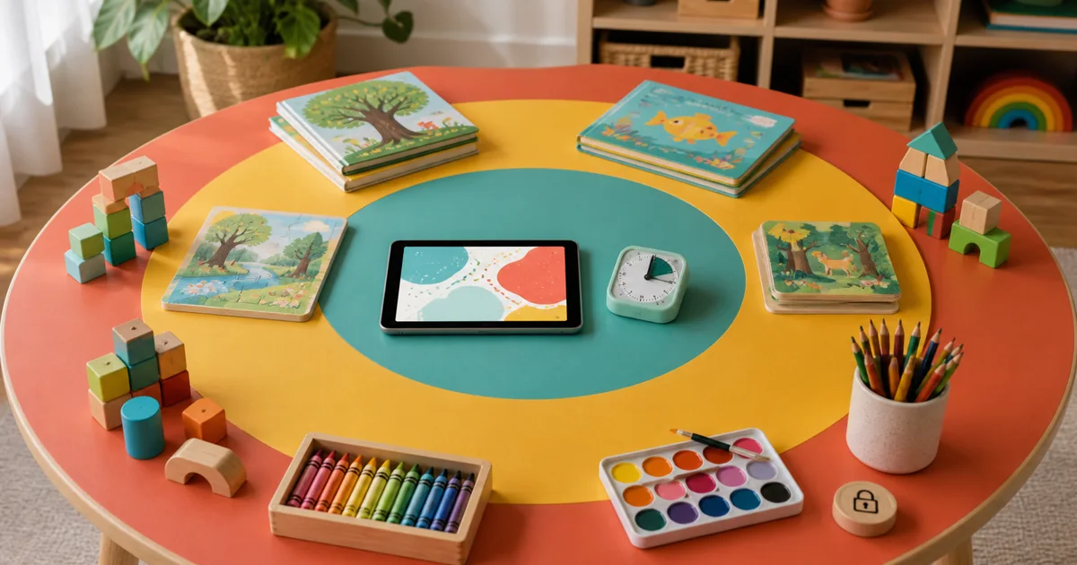 A colorful child learning table with a tablet and timer in the center, books and puzzles nearby, and art tools outside.