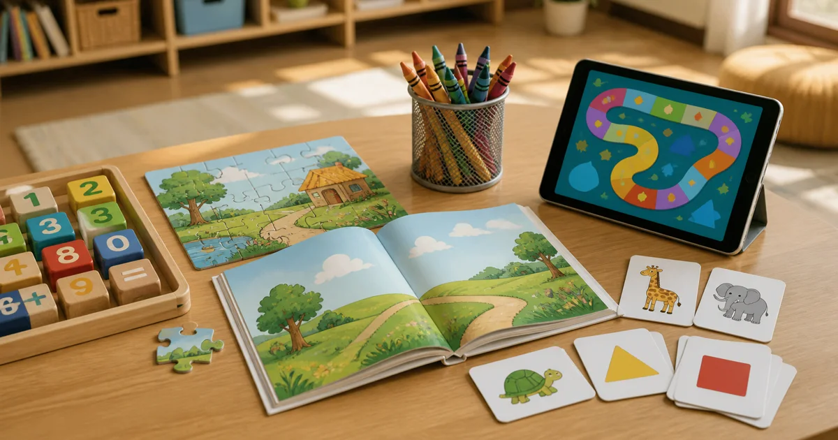 Kid-focused learning tools including number blocks, a landscape puzzle, picture book, animal cards, crayons, and tablet activity.