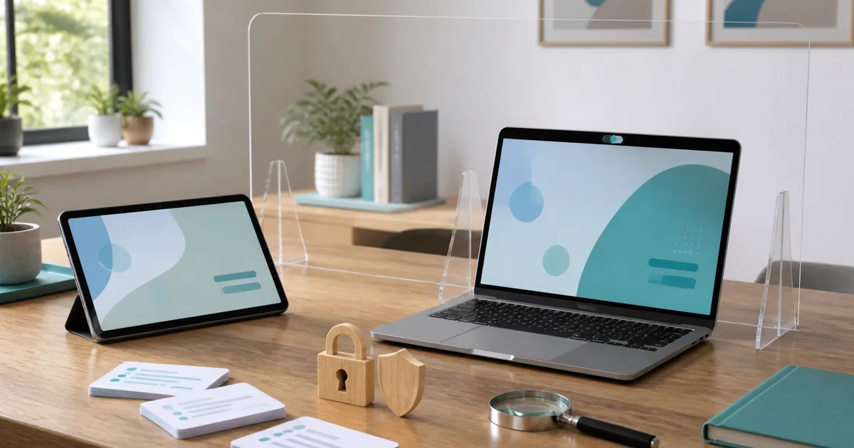 A safe object-only AI learning station with abstract screens, a privacy shield, lock token, verification cards, and magnifier.