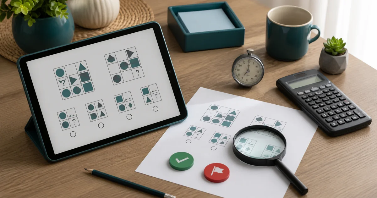 A supervised AI-check workspace with an abstract tablet exercise, printed worksheet, calculator, magnifier, and review tokens.