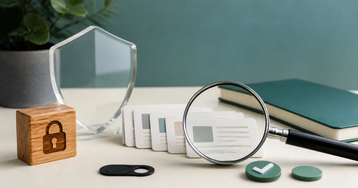 A privacy and fact-check still life with a wooden lock, transparent shield, source cards, webcam cover, and magnifying glass.