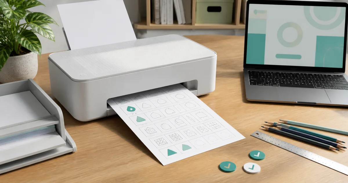 A printer producing a colorful child worksheet beside an abstract laptop screen, pencils, ruler, and review tokens.