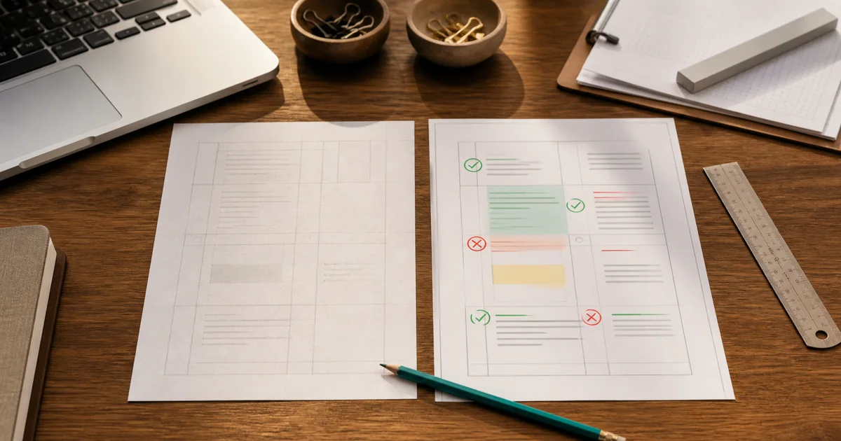 Two worksheet drafts on an empty desk, one lightly structured and one marked with clear revision and quality symbols.