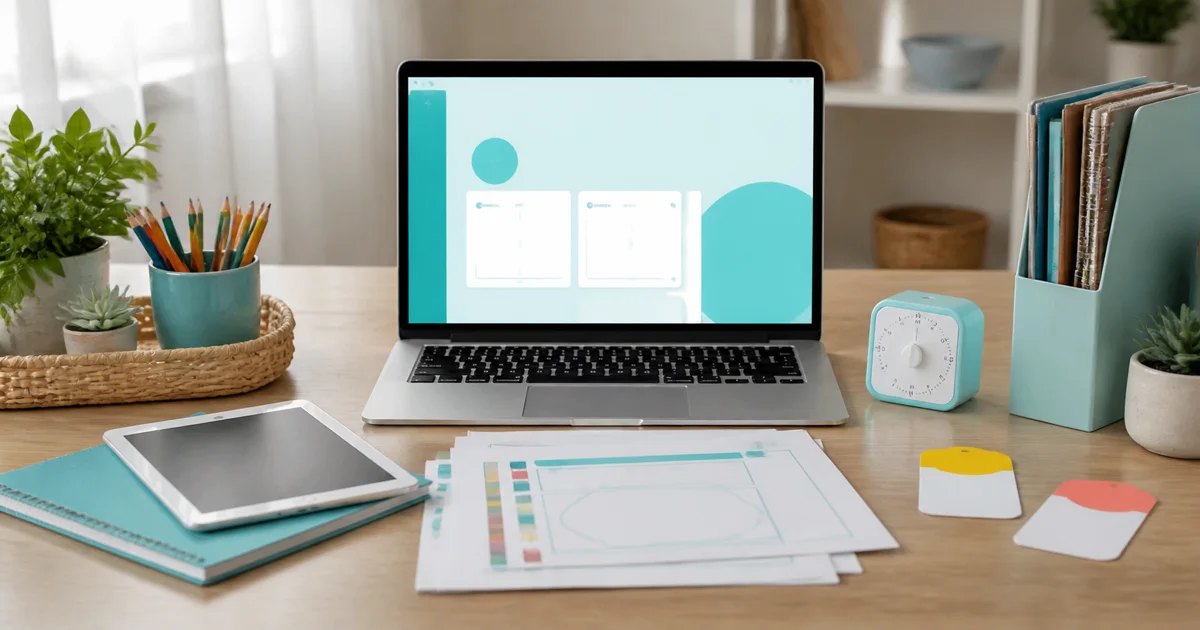 An empty child-friendly iBloom learning desk with a tablet, worksheets, timer, pencils, and a visual setup path.