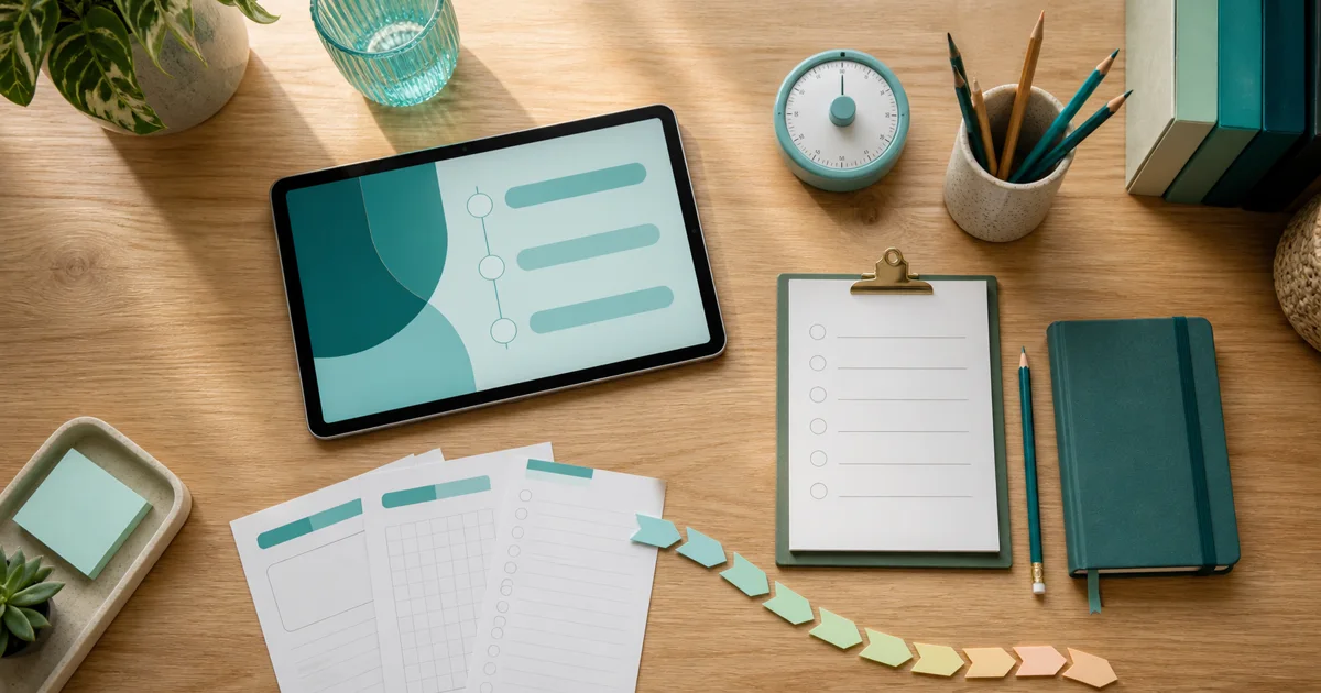 A child-friendly first-session desk with an abstract tablet pathway, checklist, worksheets, timer, and colored tabs.