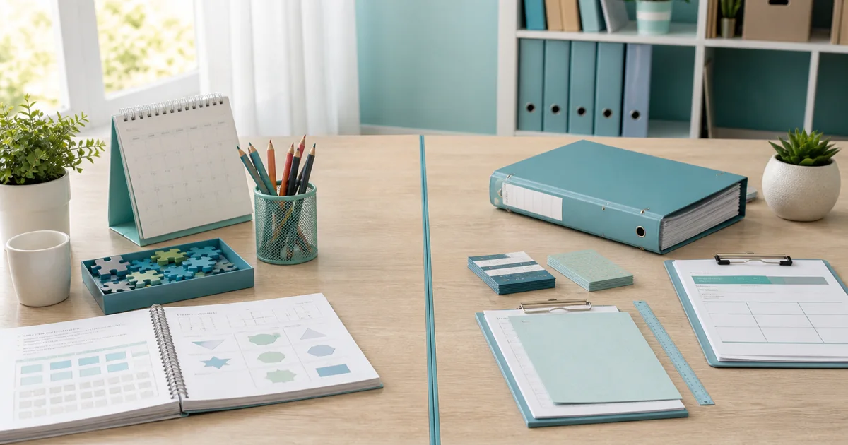 An empty split learning desk showing home-study materials on one side and educator planning tools on the other.