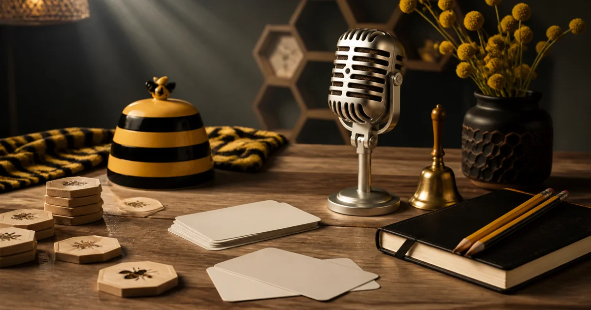 A child-friendly spelling bee table with a vintage microphone, bell, blank word cards, notebook, and honeycomb pieces.