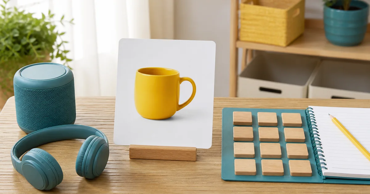 A three-step spelling practice scene with headphones, a picture card, blank wooden tiles, notebook, and pencil.