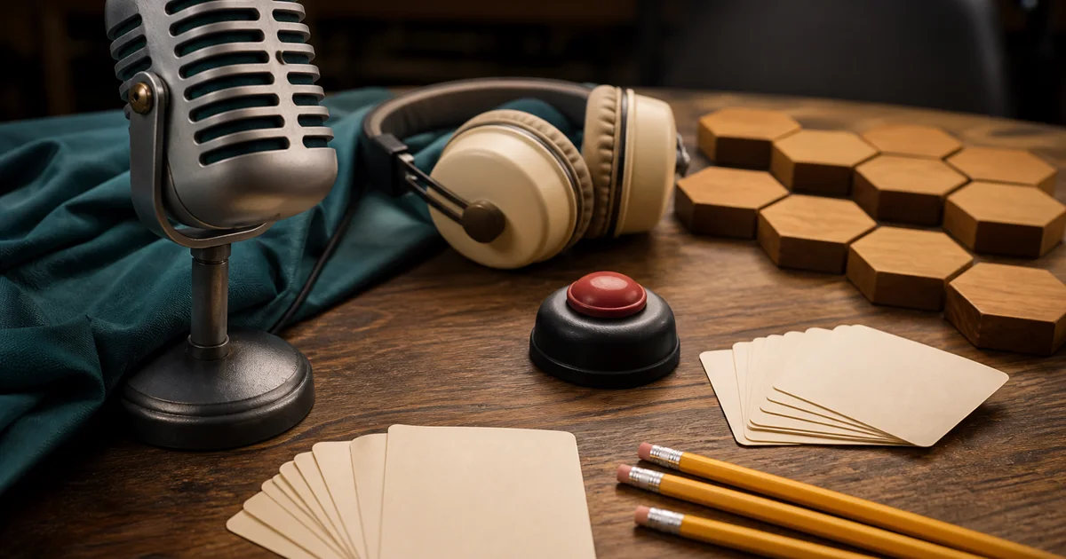A spelling round arranged with a microphone, headphones, buzzer, blank word cards, pencils, and wooden honeycomb tokens.