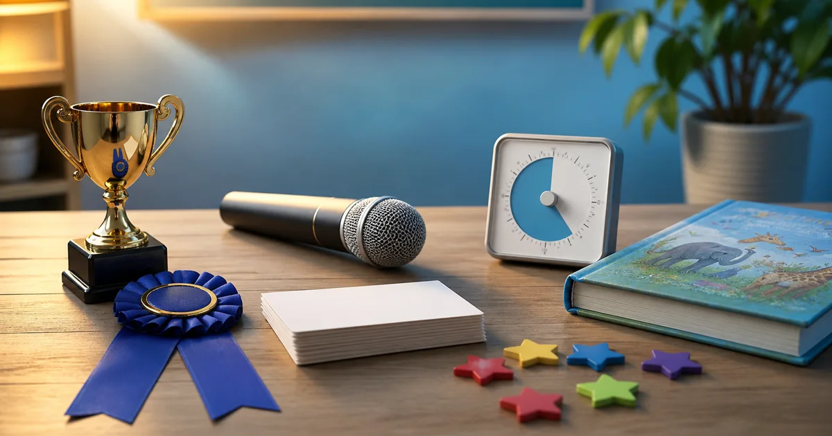 A child-friendly confidence scene with a trophy, ribbon, microphone, timer, blank cards, storybook, and colorful stars.