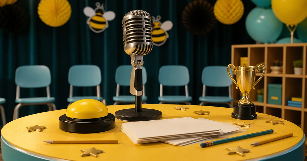 An empty kid-friendly spelling bee stage with a microphone, bright buzzer, trophy, blank cards, pencils, and star tokens.