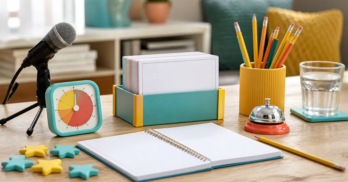 A home spelling bee station with microphone, colorful timer, blank card box, notebook, bell, pencils, and confidence stars.
