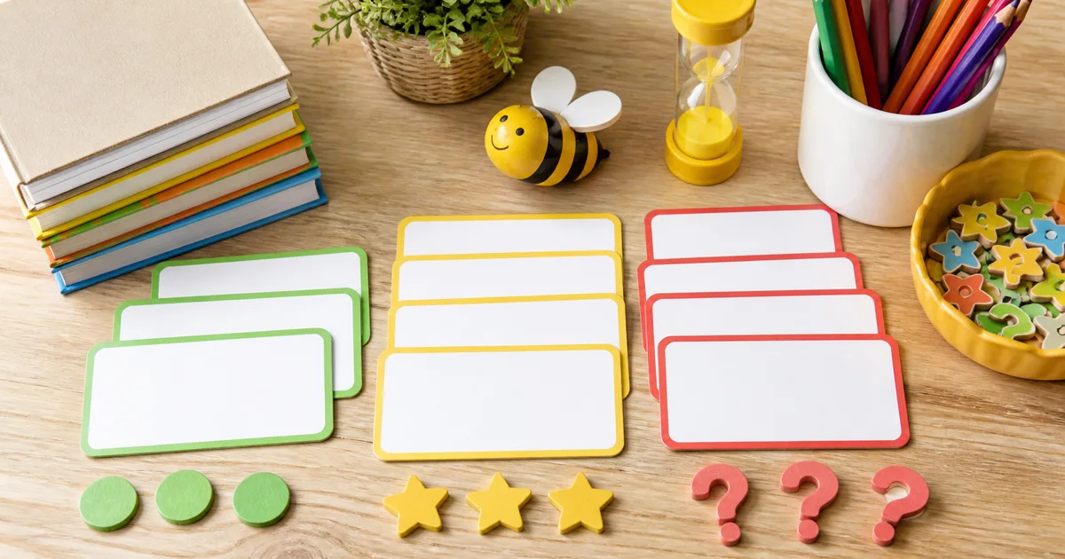 Color-coded blank spelling cards grouped by difficulty with pencils, a timer, star and question tokens, and a wooden bee.