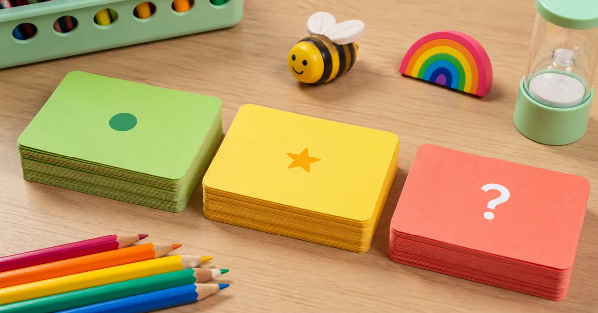 Three stacks of green, yellow, and coral spelling cards marked with dot, star, and question symbols for practice levels.