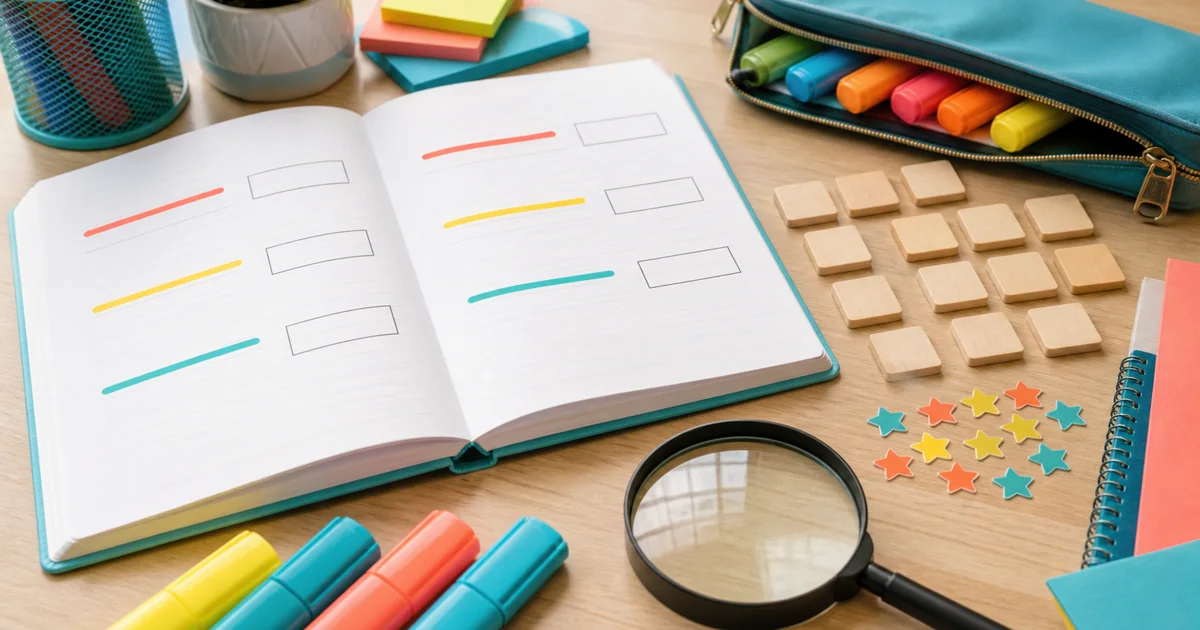 An open spelling notebook with colored pattern lines, blank wooden tiles, highlighters, magnifying glass, and star stickers.