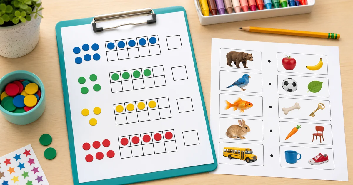 Two Grade 1 worksheets showing colorful ten-frame counters and picture matching on an empty desk with pencils and stickers.