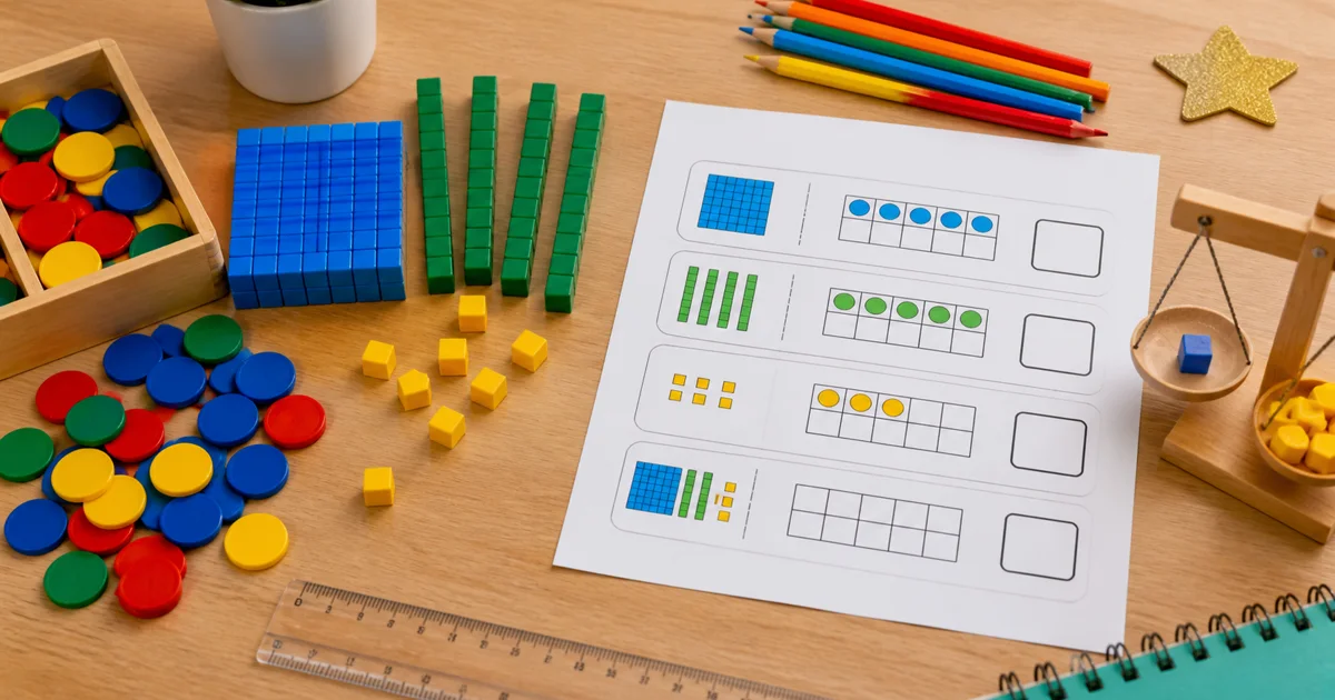 Colorful counters and base-ten blocks arranged beside a Grade 1 worksheet with matching frames, ruler, pencils, and balance toy.