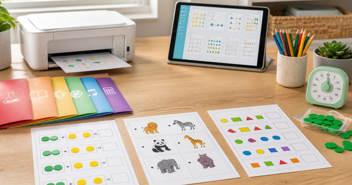 A bright family worksheet desk with a printer, tablet library, colorful subject folders, three child worksheets, pencils, and timer.