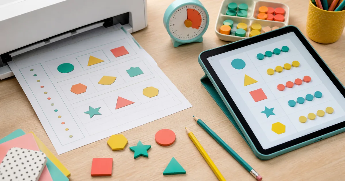 A printer and paper activity beside a tablet showing matching colorful shapes and counters with pencils and a timer.