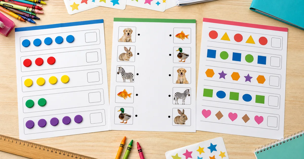 Three polished child worksheet pages for counters, animal matching, and patterns surrounded by crayons, ruler, and stickers.